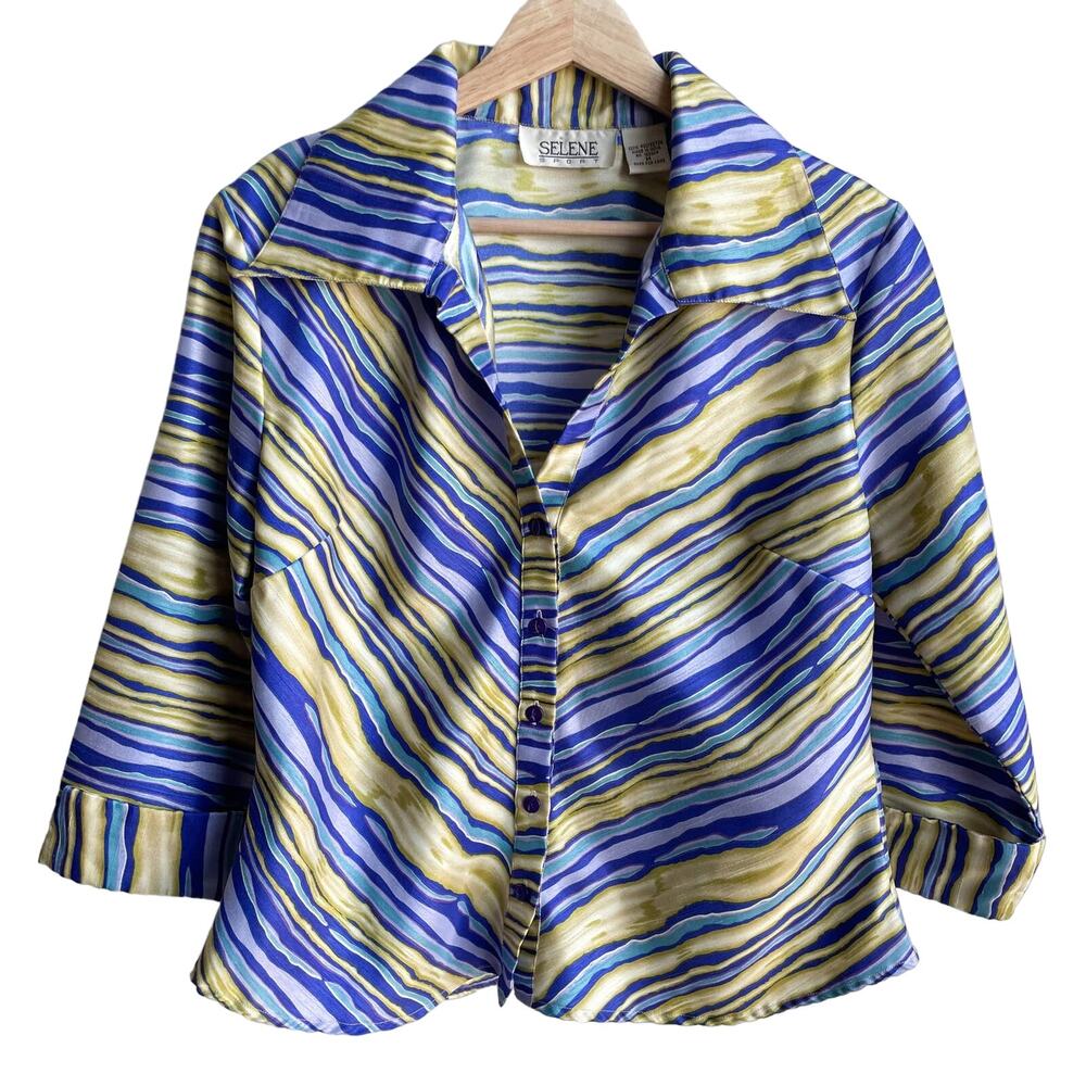 80s Vintage Selene Sport Striped Button Down Shirt Womens Medium Blue Green